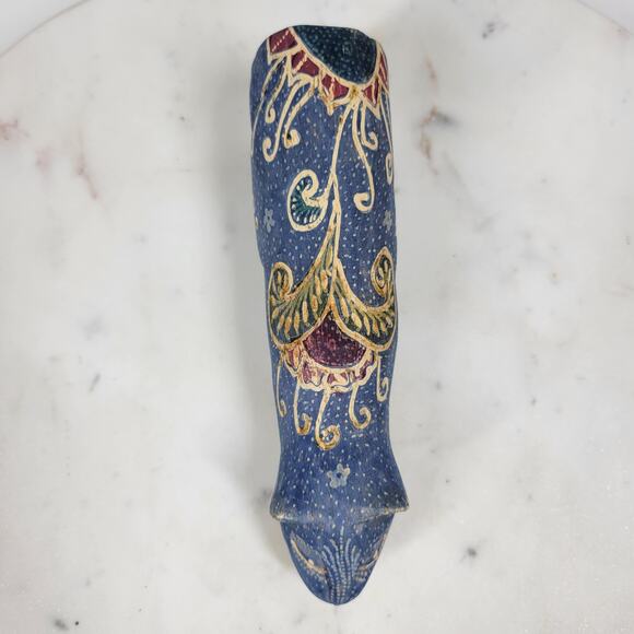 VTG Wooden Cat Shelf Sitter 6" Blue Hand Made Carved Painted Paisley Floral - Picture 6 of 16